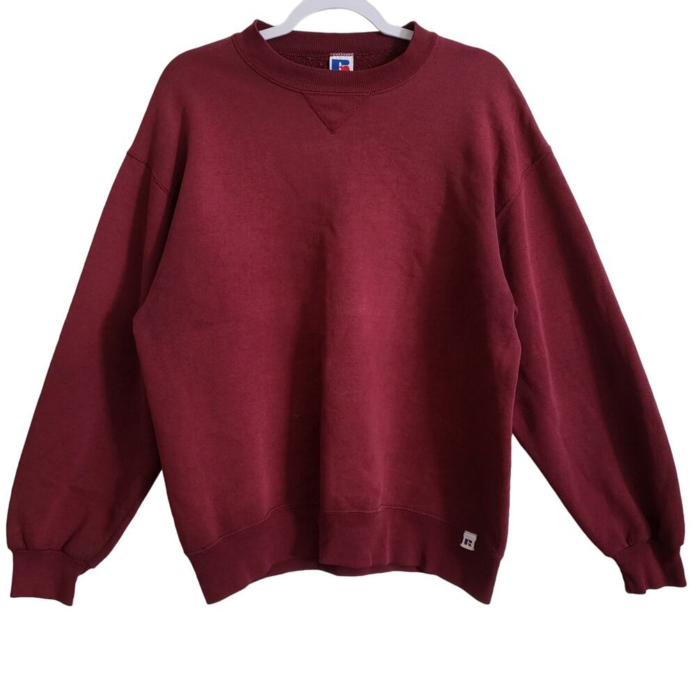 Vintage Russell Athletic Burgundy Red Pullover Crewneck Sweater Made in USA Sz L